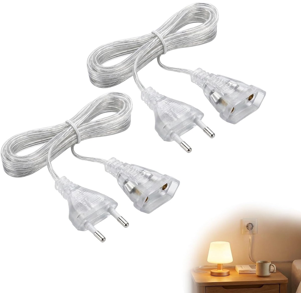 Set van 2 verlengkabels, dunne kabel, eurostekker, verlenging, 5 m, transparante dunne kabel voor led-lantaarns en buiten, stroomverlengkabel (5 m)