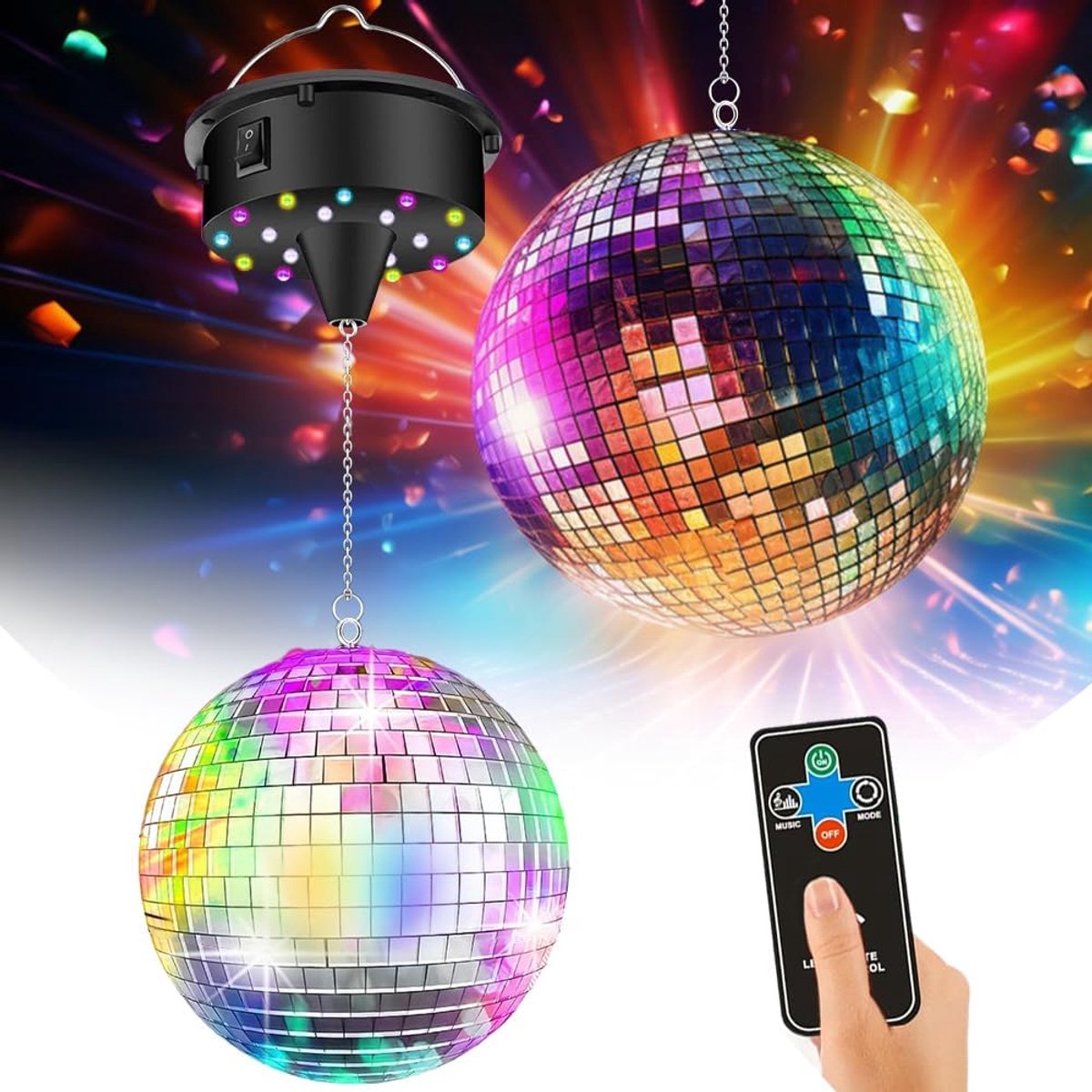 Discobal met motor, spiegelbal draaimotor Instelbaar 5/8/10/15 U/min met 15,2 cm zilveren spiegelbal, met 4 kleurrijke lichten en 18 LED-parels voor disco-lichteffecten