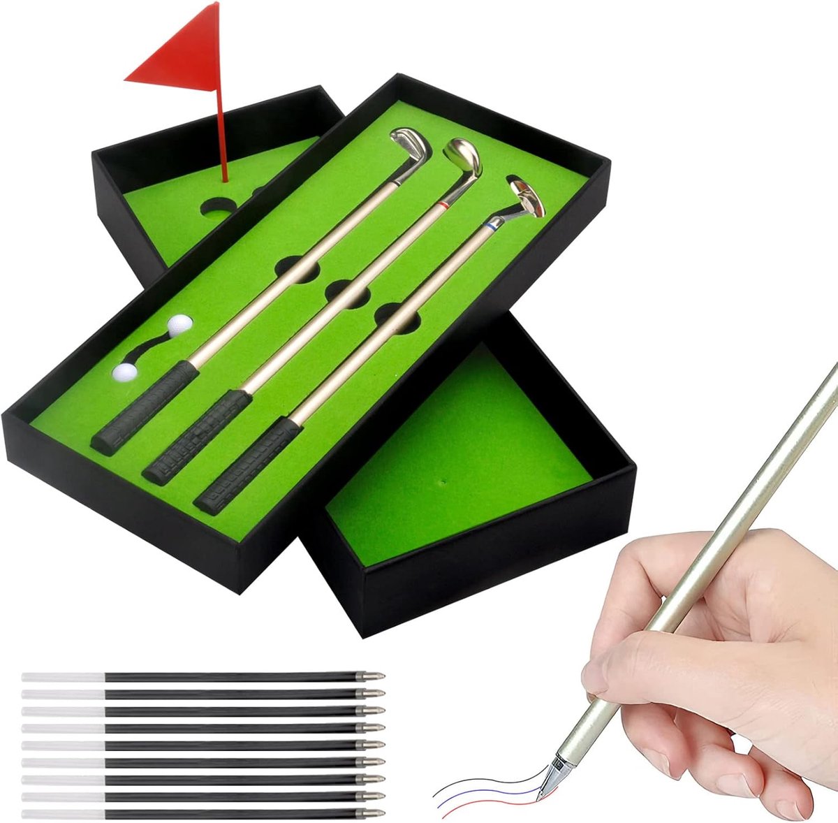 Golfstiftenset, golfcadeautafel, pen voor golfclubs, mini-set, golfstiften, 3 golfstiften met mini-balpen, geschenkdoos voor golfers
