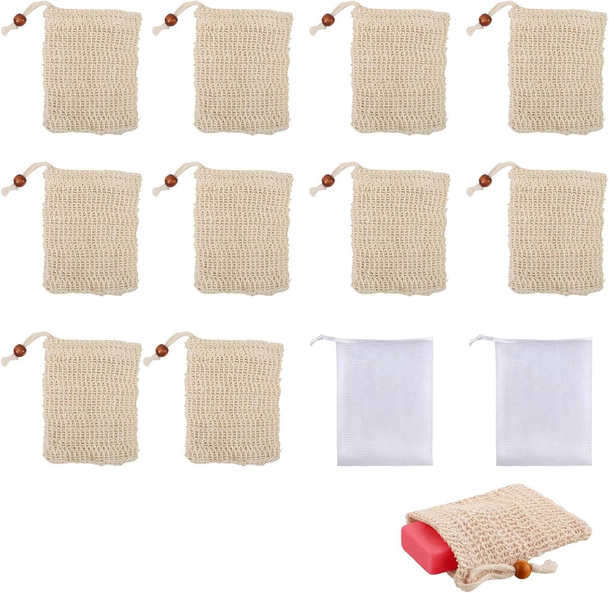 zeepzakjes 10 stuks met 2 dubbellaags schuimnet – Natuurlijke katoenen scrubzakken – Geschikt voor zeep, shampoo, gezichtsschuim – Herbruikbaar & ophangbaar – Voor bad en reizen