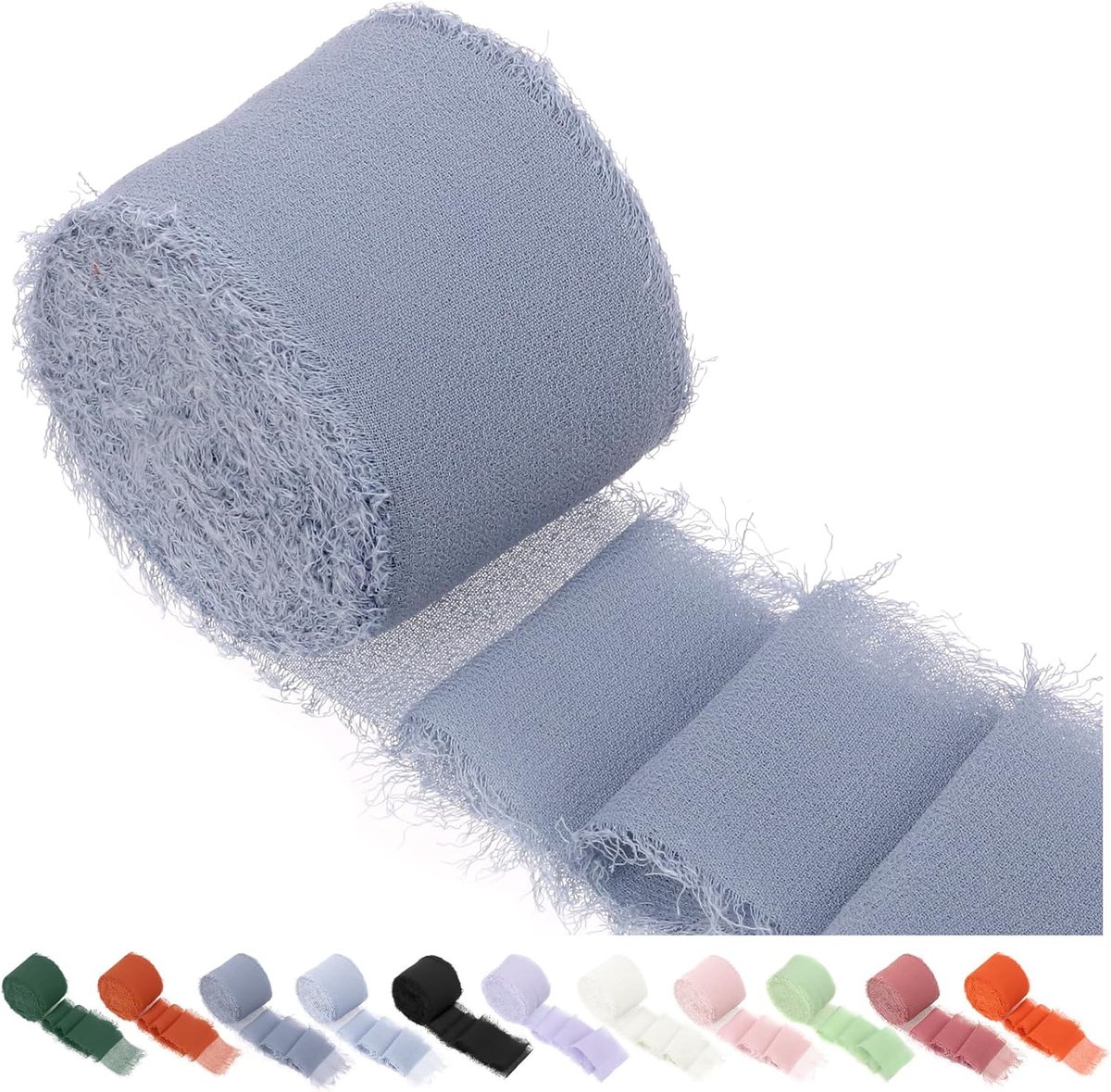 1 rol Blue Haze ca. 3,8 cm x 10 meter handgemaakte franjes chiffon lint, franjes stofbanden, handgemaakt zand & nude lint voor cadeauverpakkingen, handwerk, decoratie
