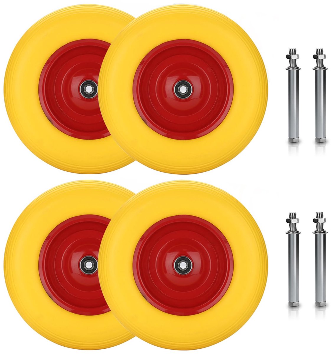 Set van 4 reservewielen 4.80/4.00-8 massief rubber geel-rood | 4 massief rubberen wielen Ø 390 mm, 4PR, tot 200 kg draagkracht, voor steekwagen, tuinwagen en bolderkar.