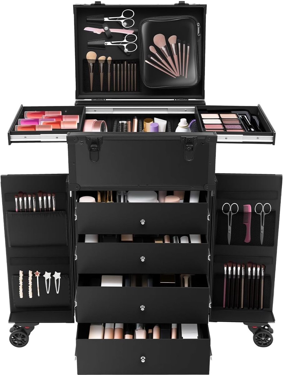 Aluminium, beautycase, cosmetica, trolley, 4-in-1 make-upkoffer, afsluitbare koffer met 360° draaibare wielen, kapperskoffer voor dames, voor reizen, cadeau-idee, 40 × 30 × 80 cm