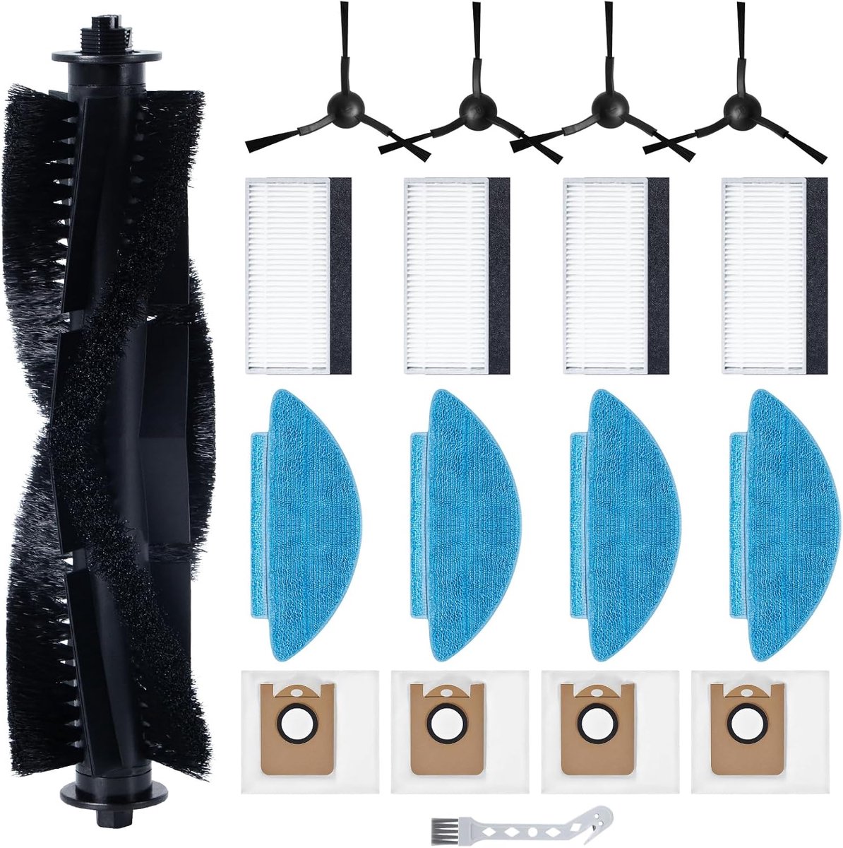 Accessoireset voor Medion X20 SW+/MD11415 robotstofzuiger reserveonderdelen. 1 hoofdwalsborstel, 4 Hepa-filters, 4 dweilpads, 4 zijborstels, 4 stofzakken, 1 borstel (18 stuks)