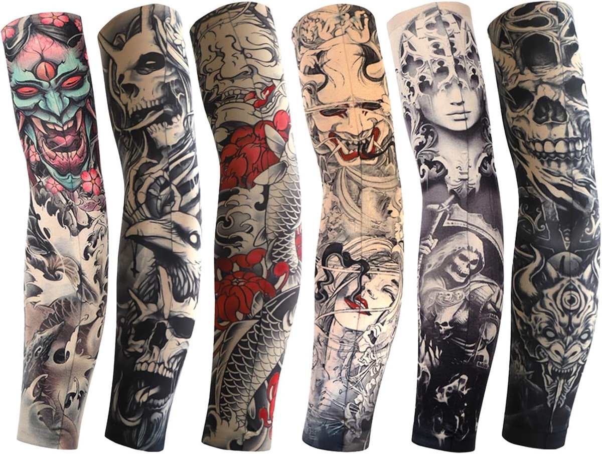 6 stuks neptatoeages, tatoeagemouwen, heren, mouwen, kinderen, outdoor, UV-bescherming, tattoo-covermouwen, tattoo-kostuum, armkous, tijdelijke tatoeage, voor carnaval, feest, rocksterkostuum