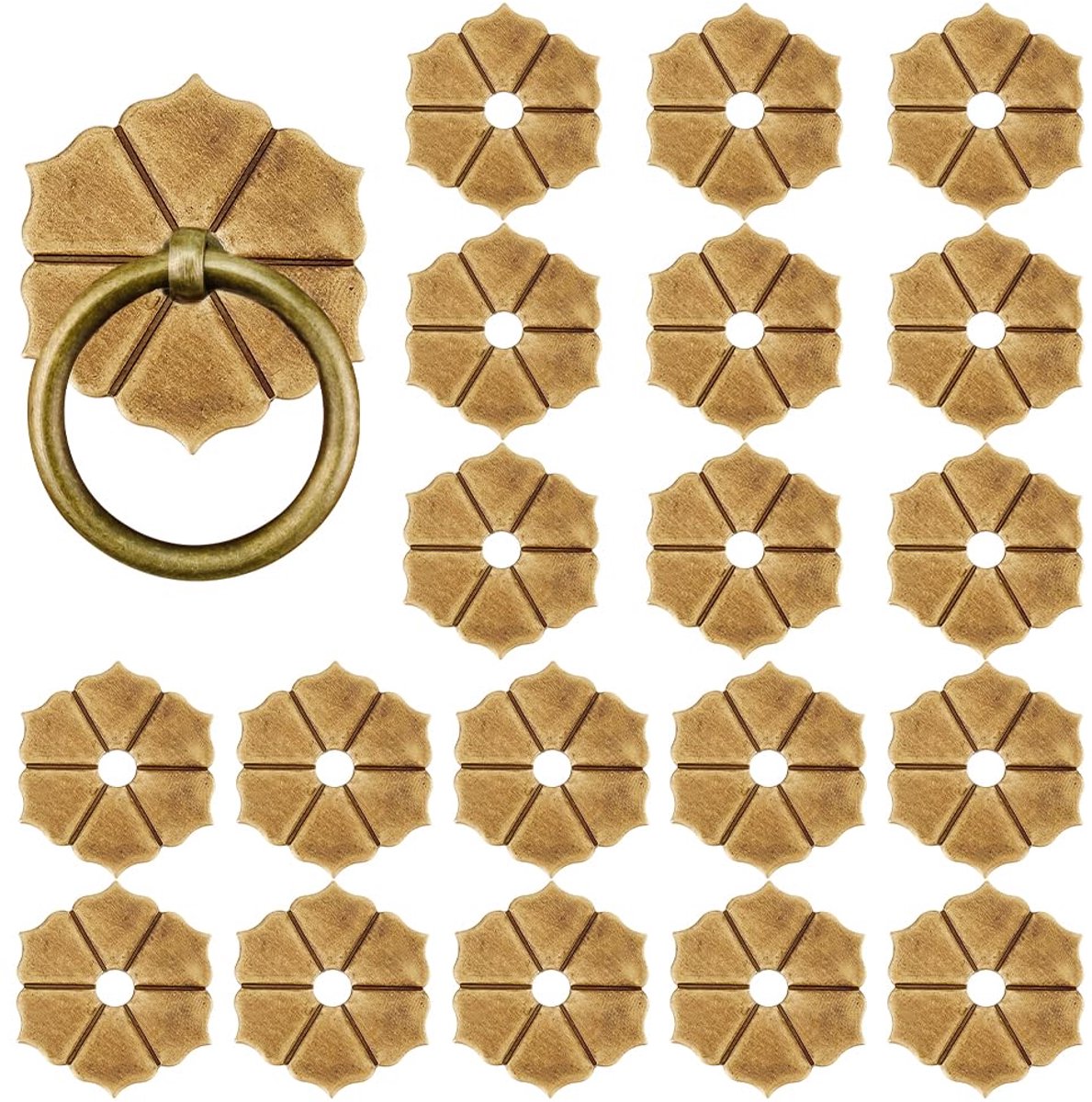 Ringen van messing, meubeldecoratie, afdichting, 35 x 30,5 mm, met gat van 6 mm, knoopsluitringen, antiek brons, decoratief beslag, bloemen, bodemplaat