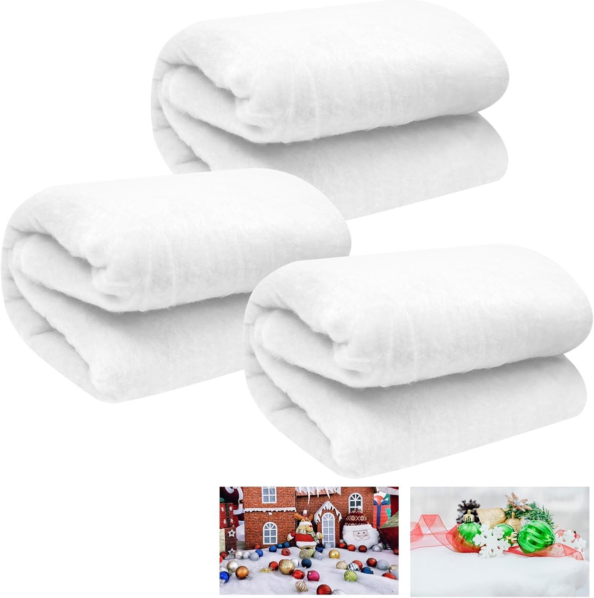 3 Pack 3 x 8 Ft Kerst Sneeuwdekens, Kunstmatige Katoen Sneeuwdeken, Wit Verdikte Katoenen Rollen Winter Pluizig Nep Sneeuwlaken voor Kerstdorp Achtergrond Decoraties Feestweergave