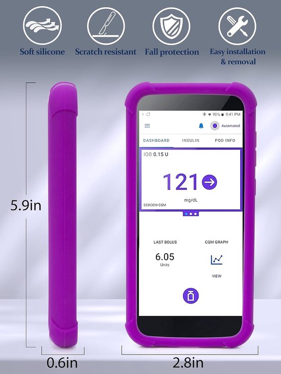 5 Beschermhoes - Omnipod 5 Sensor Siliconen Hoesje Anti-kras met Gehard Glas, Ultra Resistente Screen Protector van YOUSHARES, Paars — afbeelding 4