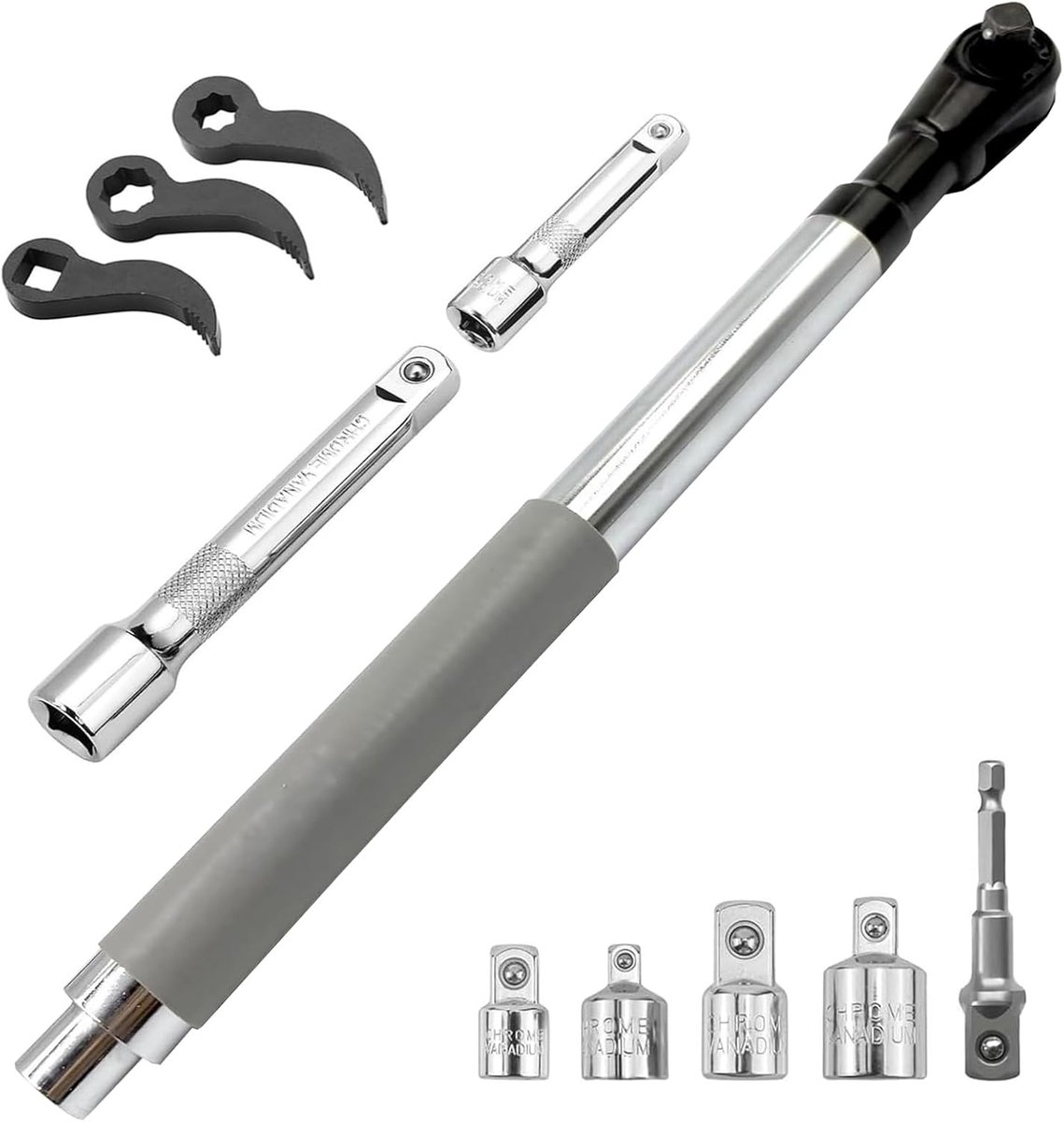 Ready offset verlengsleutel, ratelsleutel met 4 steekhulsadapters, hefboomadapterkoppen en 1/2 inch elektrische booradapter, slagmoersleutel-verlenging voor krappe ruimtes