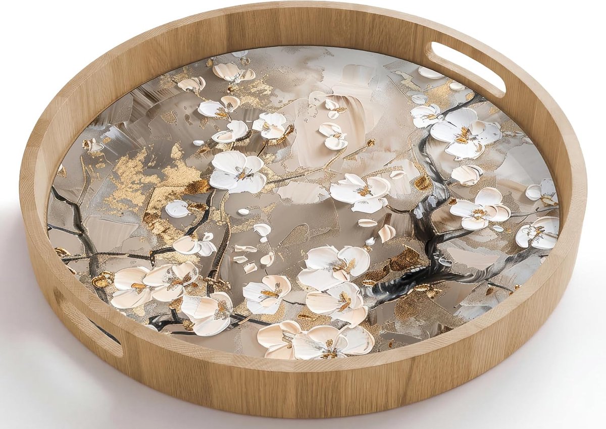 Dienblad Rond 50x50 cm Houten Serveerblad Met Handgrepen Gelakt Eikenhout Krasbestendig Hittebestendig Ontbijt Koffie Thee Eten Bloemen - Wit - Goud - Beige - Luxe