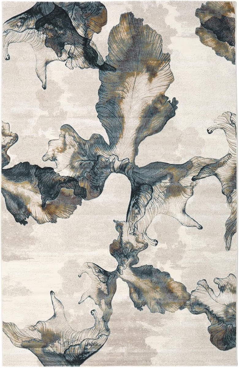 Lily Vloerkleed, 240 x 350 cm, Beige/Turkoois | Moderne, Rechthoekig, Laagpolig, Alleen chemisch reinigen, Oeko-Tex 100, Woonkamer, Eetkamer, Slaapkamer