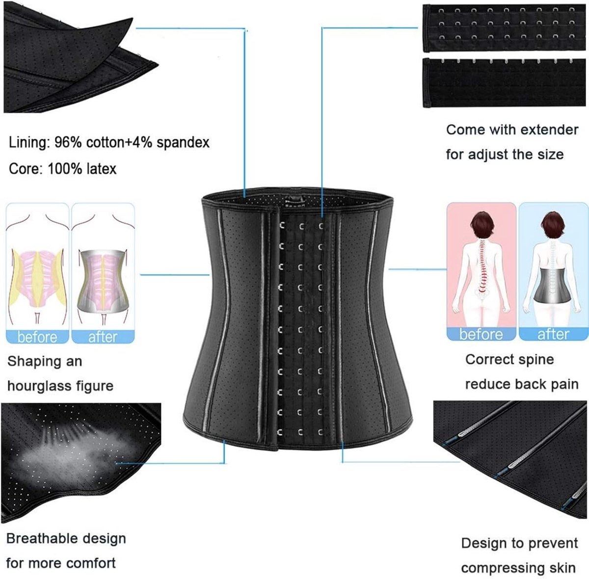 Tailletrainer voor vrouwen, korset, cincher, body shaper, gordel, trimmer met stalen baleinen, extender
