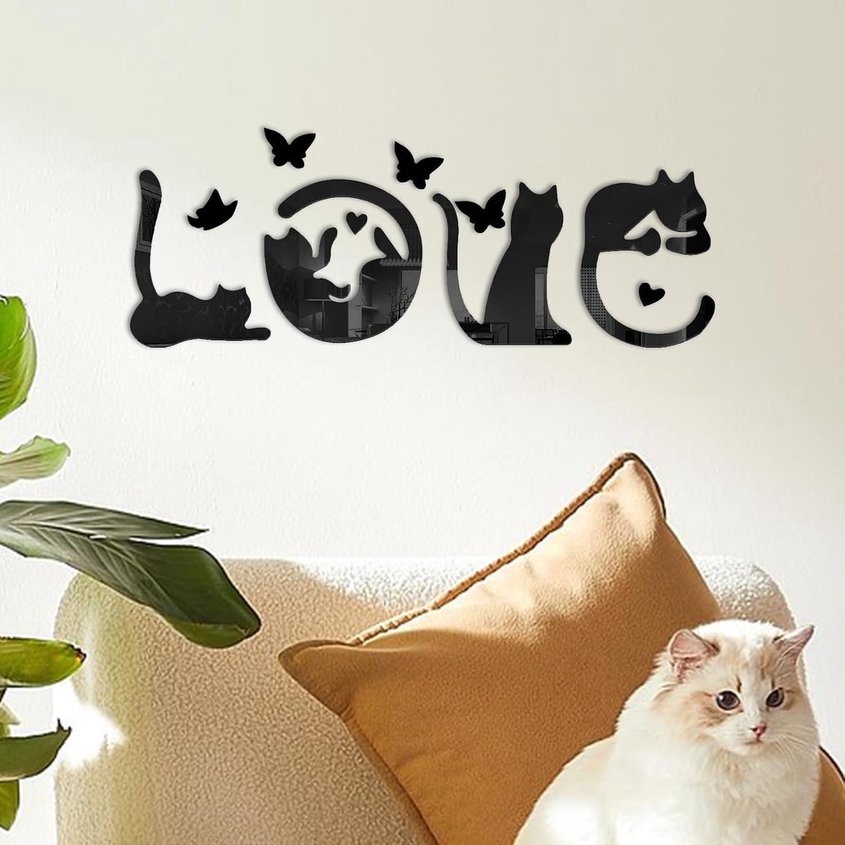 Muursticker met katten-vlindermotief, liefde kat muursticker woonkamer zelfklevend DIY spiegeleffect muurstickers voor woonkamer keuken slaapkamer woondecoratie