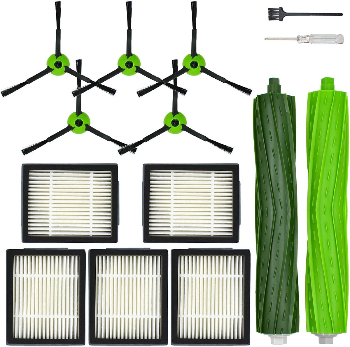 Reserveonderdelen accessoires voor i Robot Roomba serie J J5 J5+ J6 J6+ J7 J7+ J8 J8+ J9 J9+ robotstofzuiger, 1 hoofdborstel, 5 zwarte zijborstels, 5 filters,