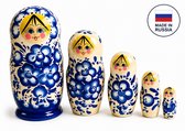 Houten Matroesjka poppen, Russische,babushka,15 cm hoog 5 delig handbeschilderd delfsblauw