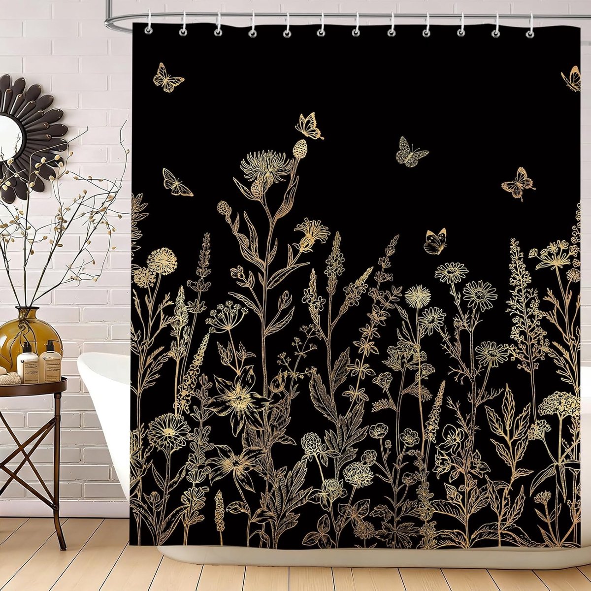 Douchegordijn 180 x 200 cm - Bohemio Retro - vlinder en bloem - waterdicht en machinewasbaar - ShopVlot