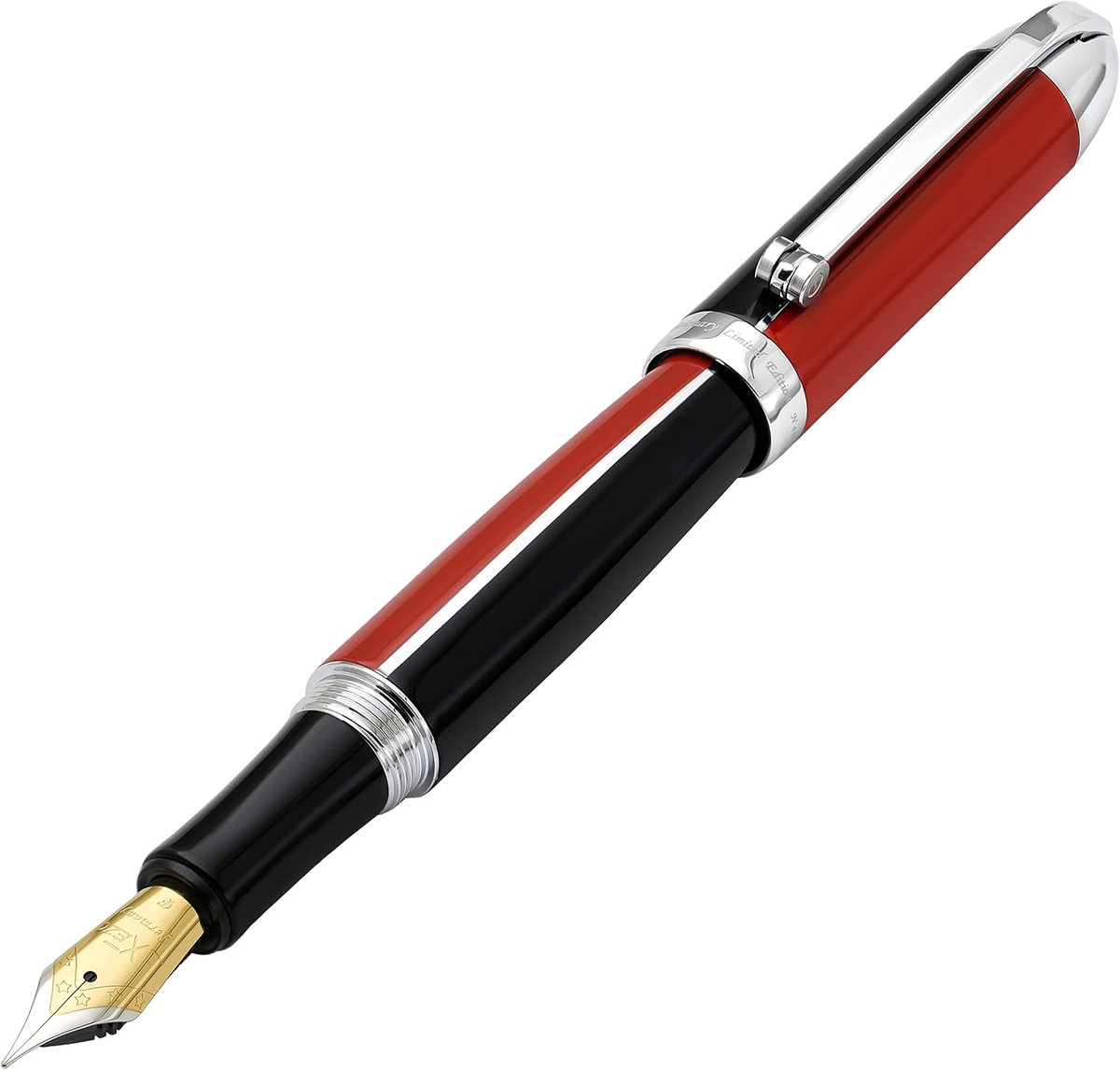 Vulpen met fijne nib - Messing en aluminium - Handgeschilderd in rood en zwart - Perfect voor schrijfliefhebbers - ShopVlot