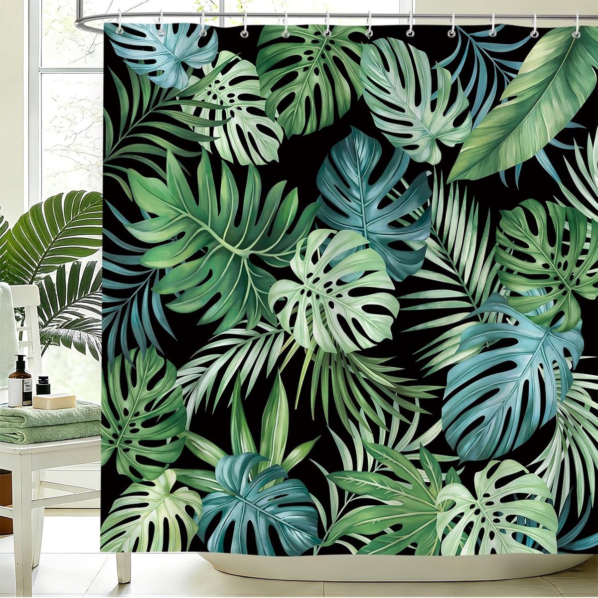 Douchgordijn 180x200cm - polyester - jungle met monstera en palmbladeren - waterproof en wasmachinebestendig - ShopVlot