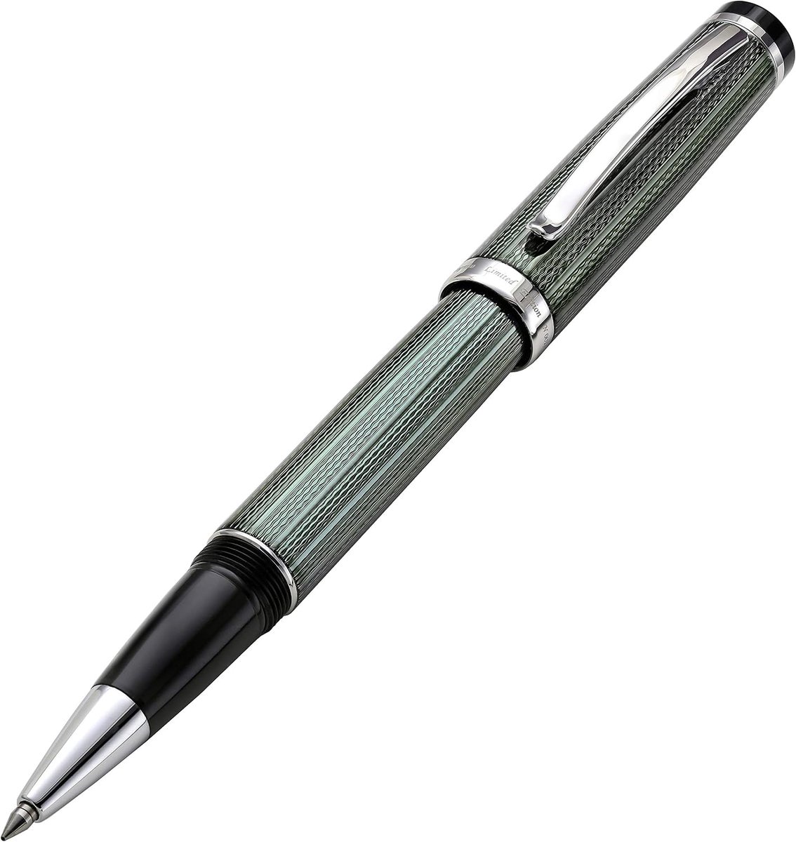 Rollerbalpen fijne punt - zinc groene lak met platinaplating - handgemaakt, gelimiteerde oplage - ShopVlot