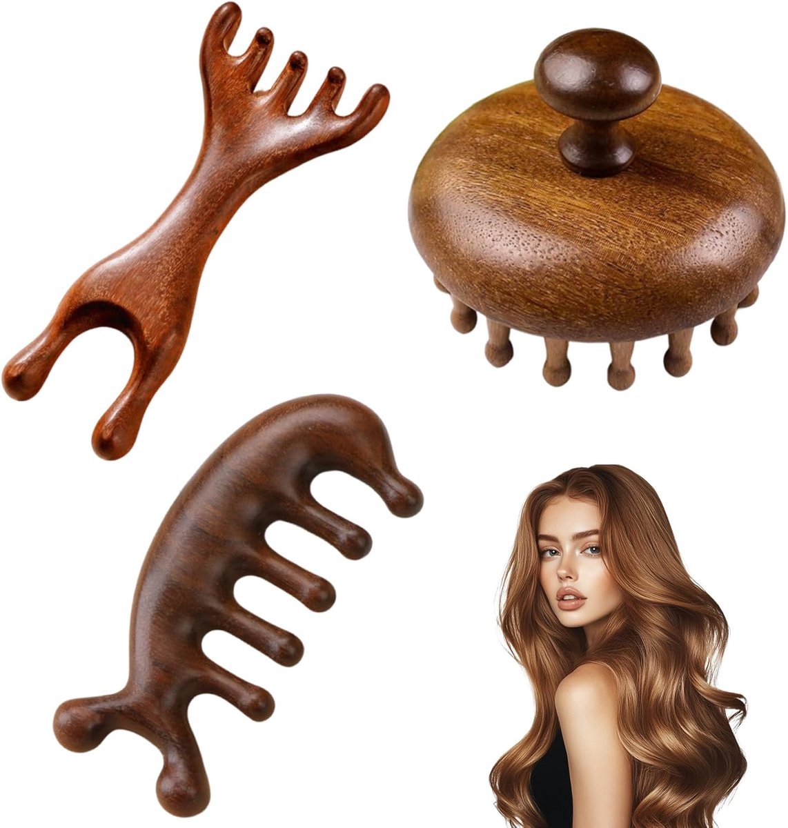 Scalp Massage Borstel Set - 3-delig, Natuurlijk Sandelhout - Verlicht Jeuk en Verbetert Bloedcirculatie - ShopVlot