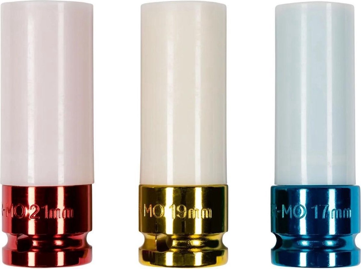 Parkside Slagschroevendraaier-adapters - Krachtdoppenset 17mm - 19mm - 21mm - Dopsleutels, speciaal voor automoeren in de maten: 17/19/21 - Beschermende omhulsel van kunststof Ideaal voor aluminium velgen