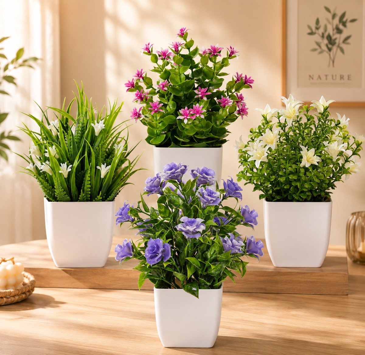 Set van 4 kunstplanten met bloemen - kleine groene nepplanten voor binnen - decoratie voor thuiskantoor, badkamer en plank