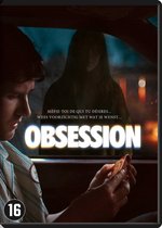 DVD-cover voor Obsession met een man in een auto die een kaart vasthoudt. Tekst: 'WEES VOORZICHTIG MET WAT JE WENST...' en 'OBSESSION'. Leeftijdsindicatie 16.