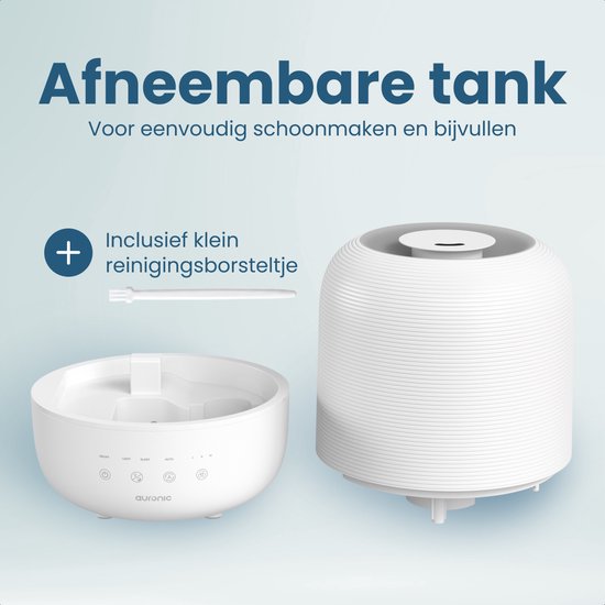Humidificateur Auraonic blanc, réservoir séparé et petite brosse de nettoyage.