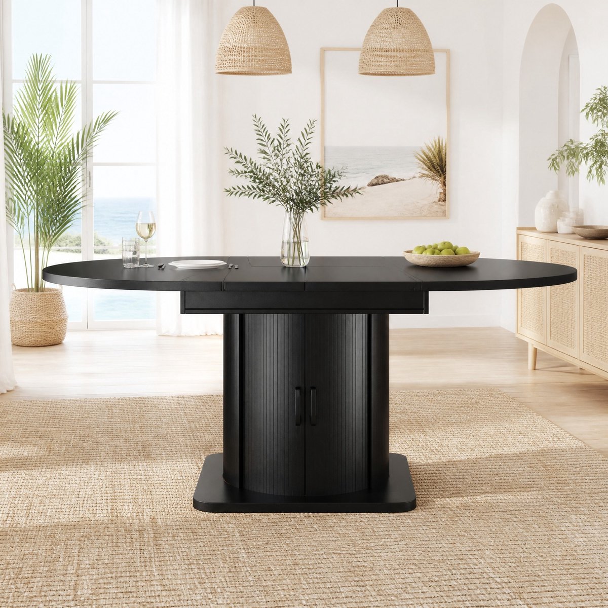 STILVORA Set Tafel En Stoelen Uitschuifbare Eettafel Met Opbergruimte 4 Stoelen Voor 4 Tot 6 Personen Hout Metaal Zwart