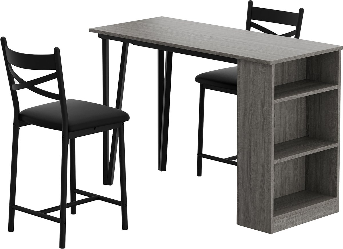 Ruimtebesparende 3‑delige tooghoogte eettafelset voor 2 personen – uitschuifbare bartafel met draaibare bovenkant en 3‑laags opbergschap – 2 PU‑beklede barkrukken, ontbijthoek pub‑ / bistroset