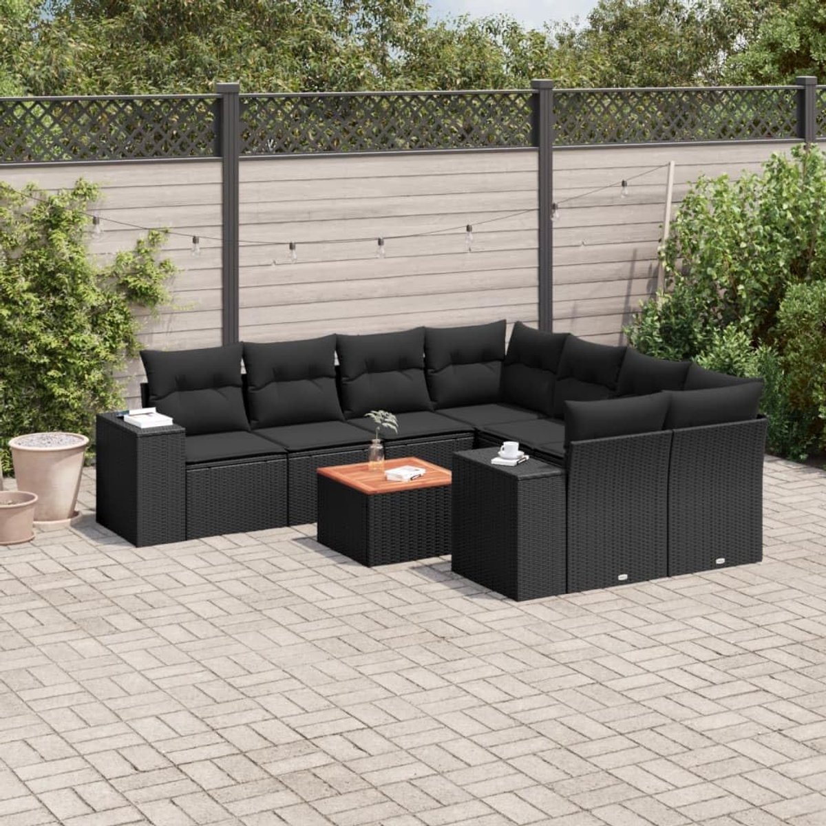 Tuinbankset 9-delig - PE-rotan - Acaciahouten tafelblad - Comfortabele zitplaatsen met dikke kussens - SnelShoppen