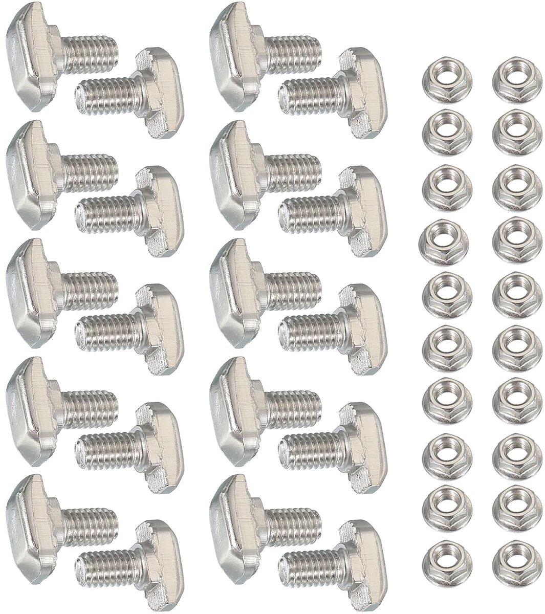 T-sleufschroeven, M6 x 14 mm, 20 sets druppelschroeven, hamerkop met zeskantige flensmoeren, T-bout stud, glijschroef voor aluminium extrusieprofiel serie 30, zilver