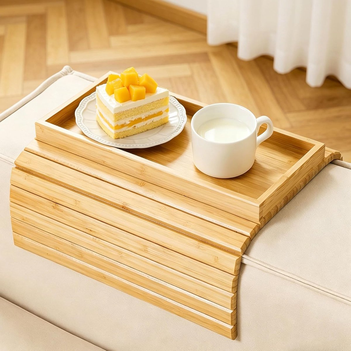 Dienblad met armleuning, antislip armleuningen, dienblad van bamboe voor bank en fauteuil, praktische plank voor snacks, mobiele telefoon, afstandsbediening en kopjes