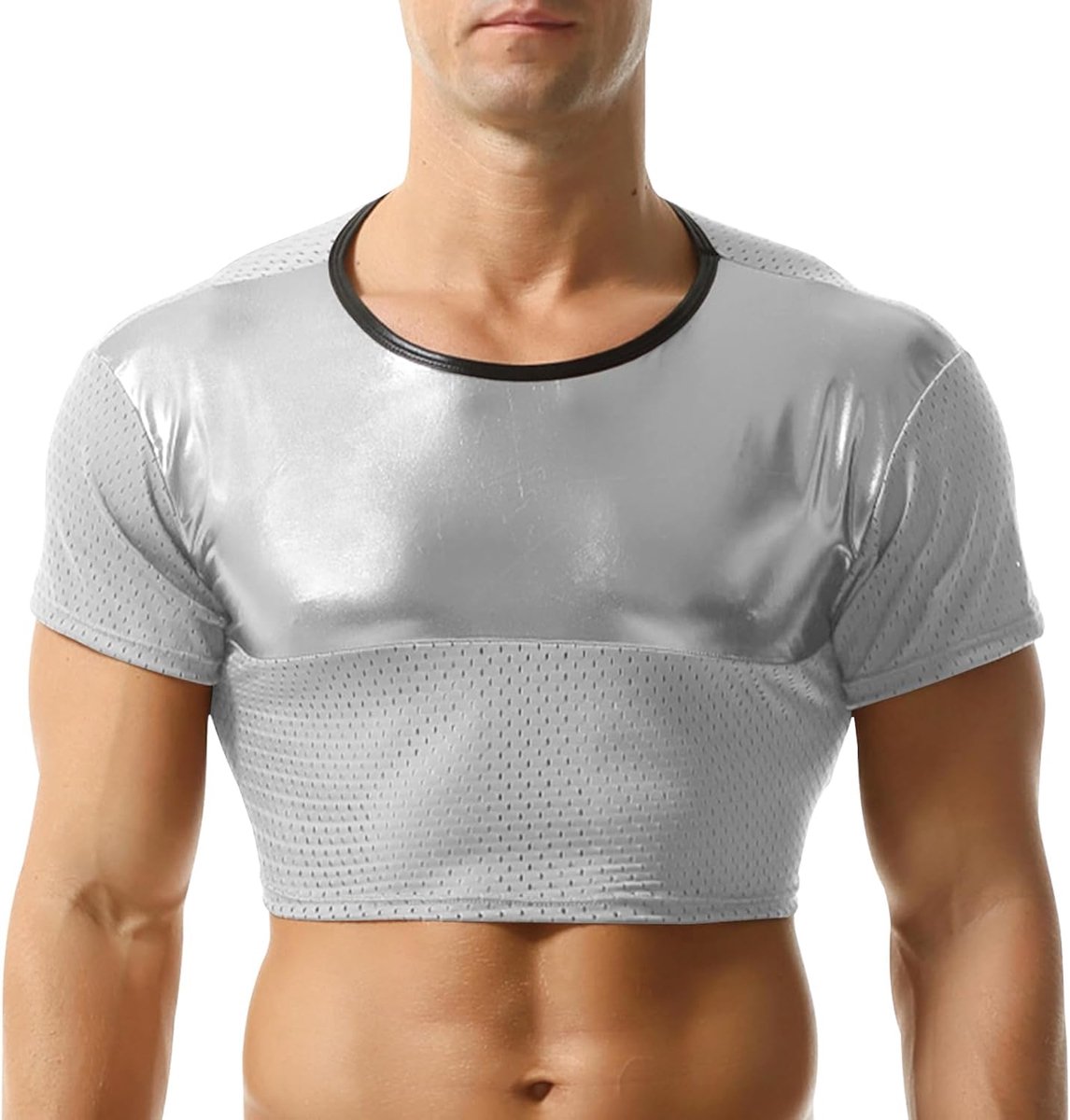 Netshirt voor heren, buikvrije tops, kunstleer, crop top, doorschijnend kort shirt, transparant bovendeel