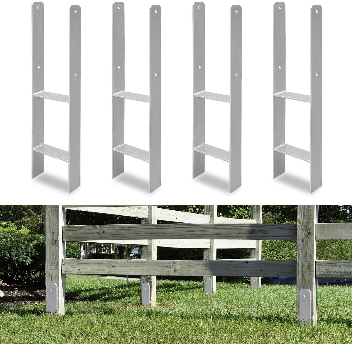 Set van 4 H-paalankers, 141 x 600 mm, H-paalhouders voor hek- en houten palen, robuuste H-ankers voor tuinhek, carport, paviljoen en houtbouwprojecten