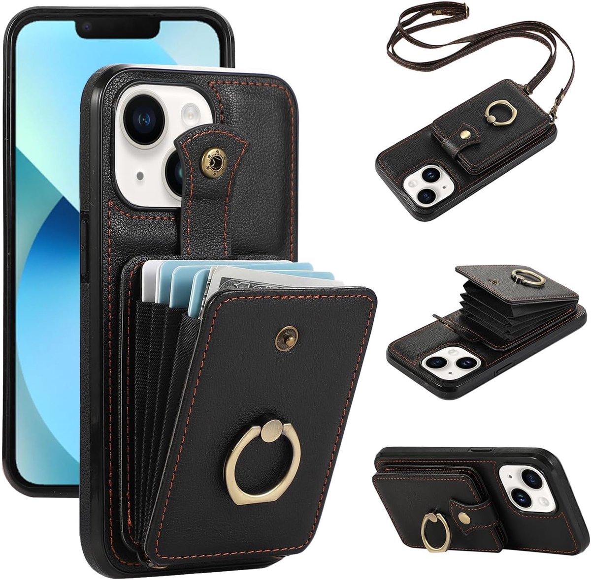 telefoonhoes voor iPhone 13 hoes met band telefoonketting, ring standaard kaartsleuf inklapbaar portemonnee lederen cover klaphoes iPhone 13 hoes 13 hoes telefoonhoes beschermhoes dames