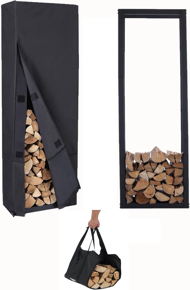 Houtopslag rek 50x25x148 cm - zwart staal - robuuste constructie - ideaal voor binnen en buiten - SnelShoppen