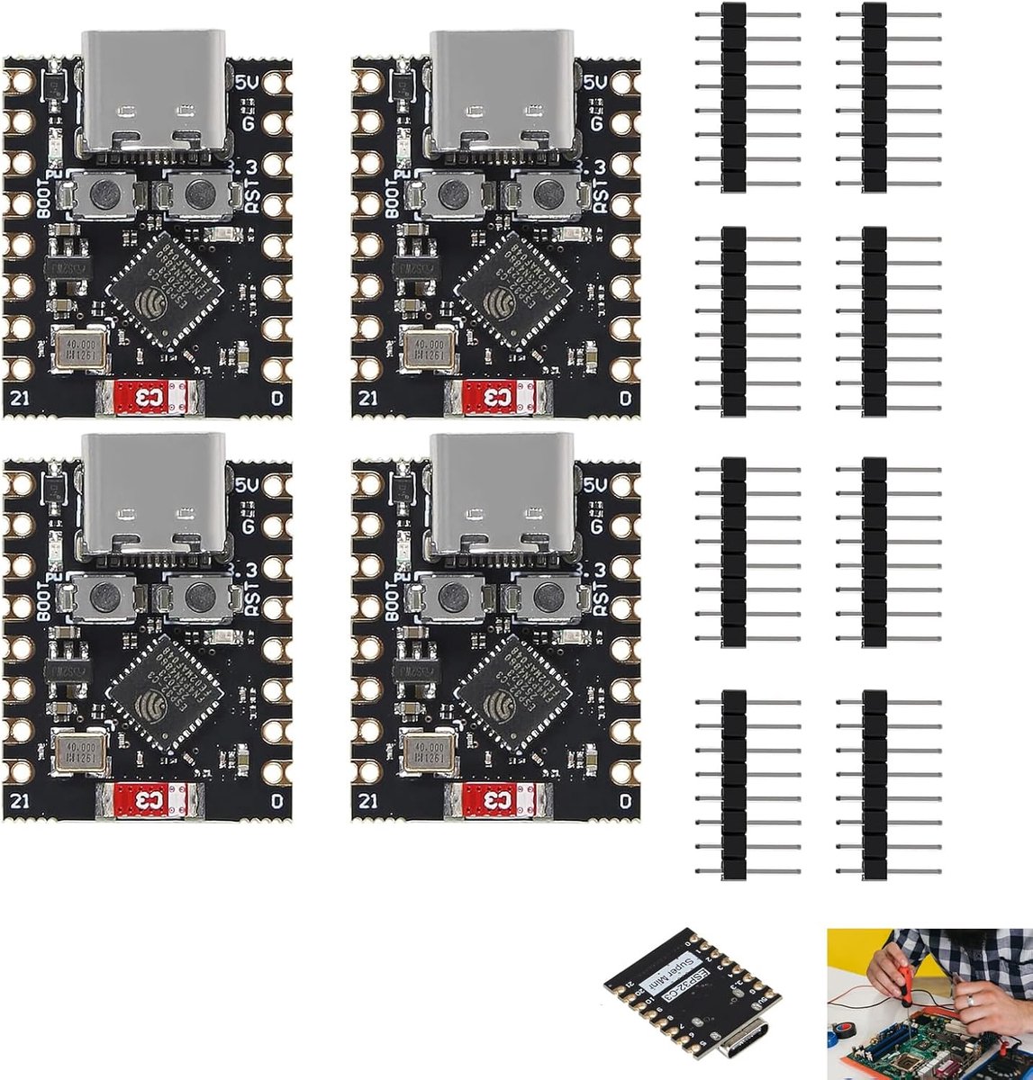 4 stuks ESP32-C3 ontwikkelingskaart, ESP32-C3 Mini-module, WiFi 2,4 GHz en Bluetooth 5.0 Le, RISC-V 32-bits processor 160 MHz, voor Arduino MicroPython, IoT Smart Home Sensornetwerk