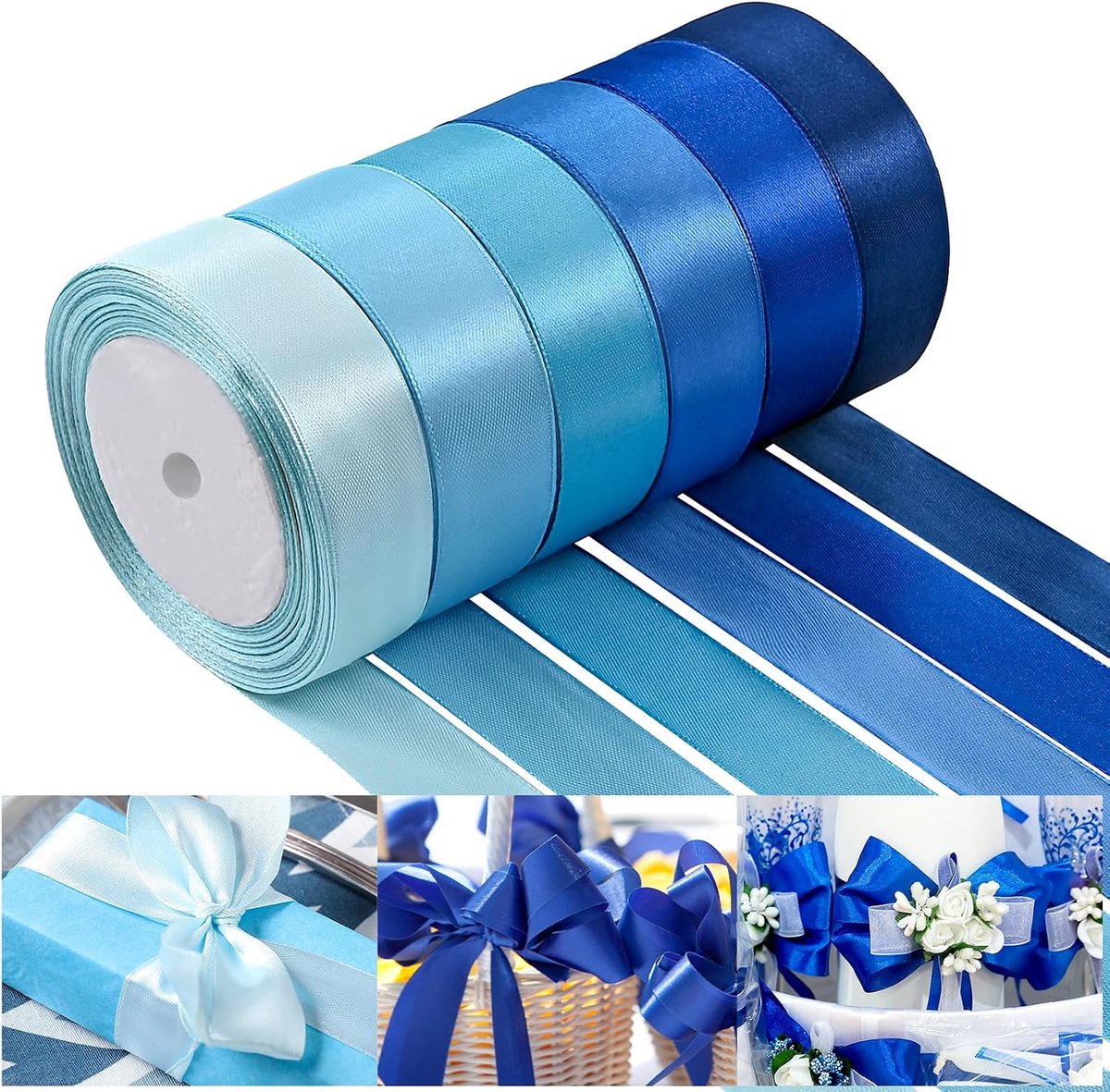 137 m regenboog satijnen lint breed polyester stoffen lint te gebruiken voor geschenkverpakking, bruiloft bruids baby douche strikken decor bloem boeket ambachten (blauw, 2,5 cm)