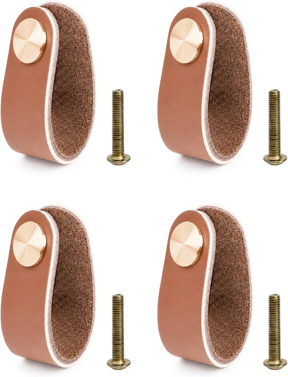 Set van 4 leren handgrepen voor meubels, lichte koffie, moderne leren handgrepen, kastgrepen van kunstleer, ladegrepen en meubelknoppen met koperen kop, voor keukenkasten, commodes, deuren