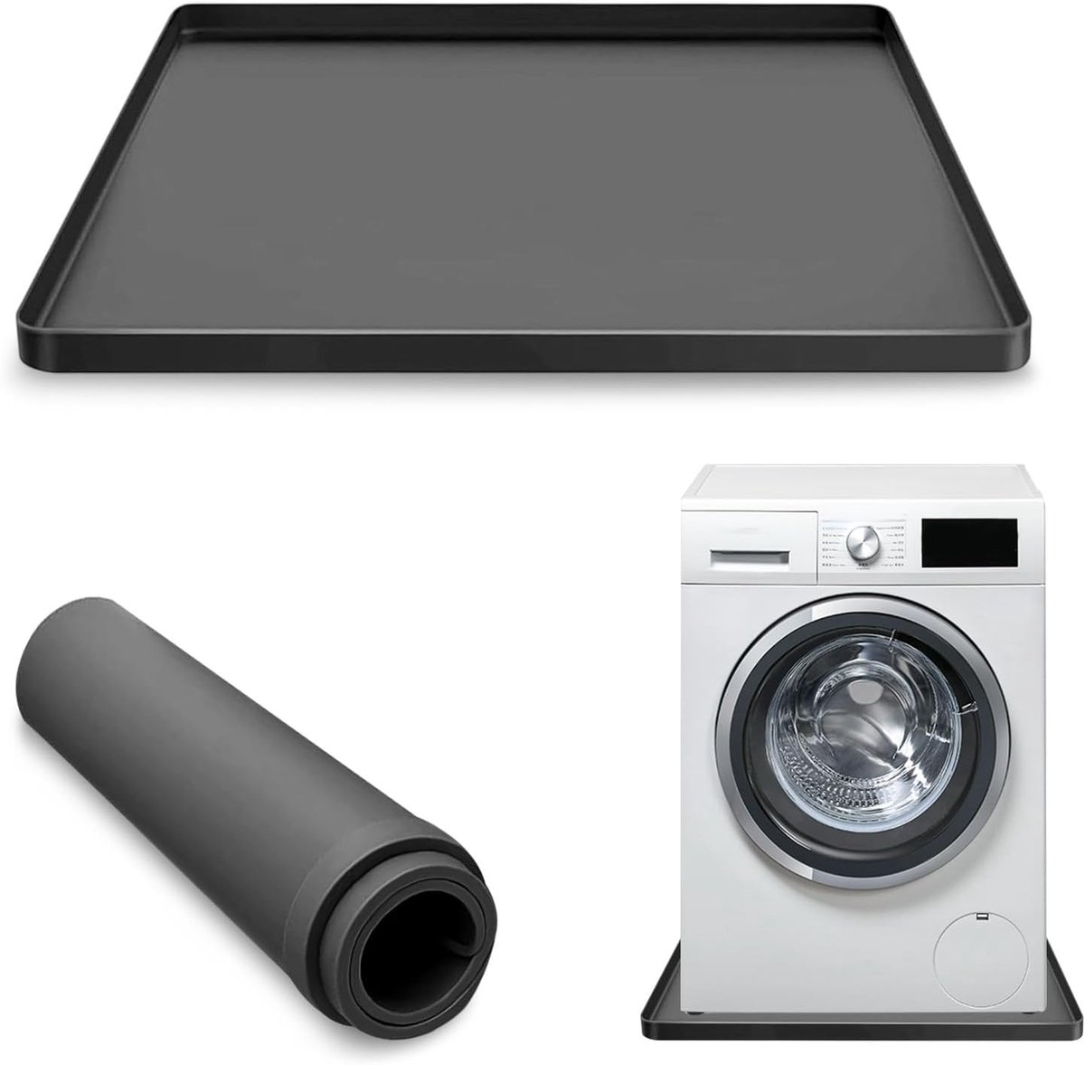 60 cm siliconen wasmachine-lade met verhoogde rand, antislip wasmachine-afvoerpan, anti-vibratie vaatwasserpantopper voor lekken, druppelvloer, koelkastdroger bescherming (zwart)