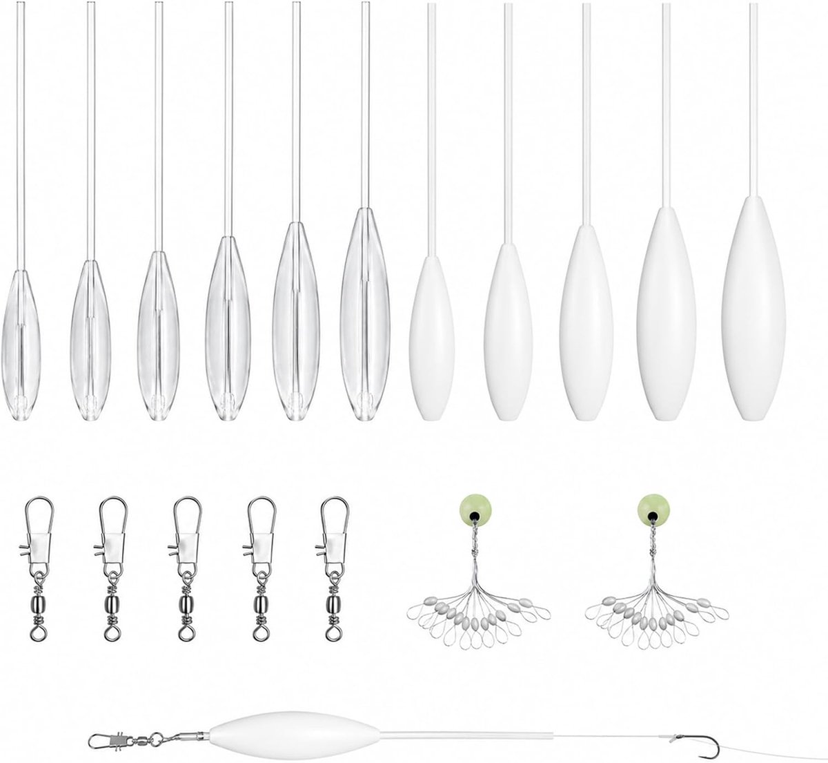 Visaccessoires set voor vlak- en grondvissers: 30-delig met 5x drievoudige wervels, 20x rubberen kralen & 10x drijvers (6-20g) – perfect voor zwakke wateren