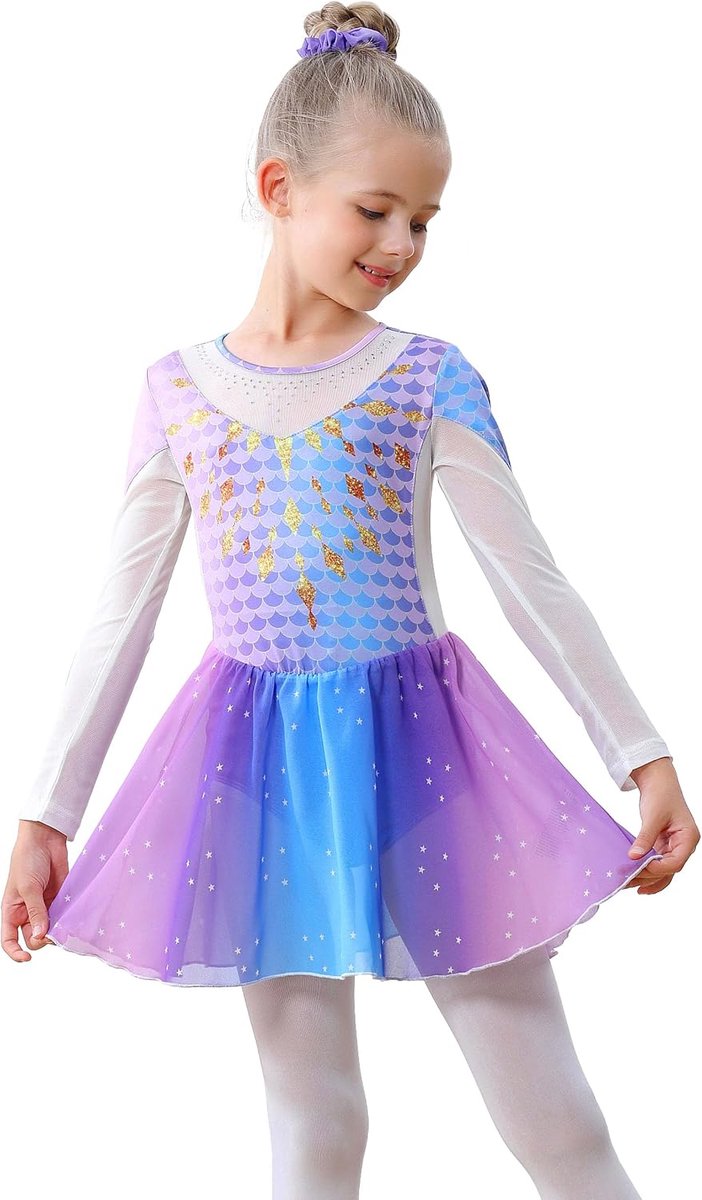Balletpakje voor meisjes, klassiek, lange mouwen, geïntegreerde rok van chiffon met glanzende strass-steentjes, jurk, kostuum, podium, lyrische dans, kunstschaatsen