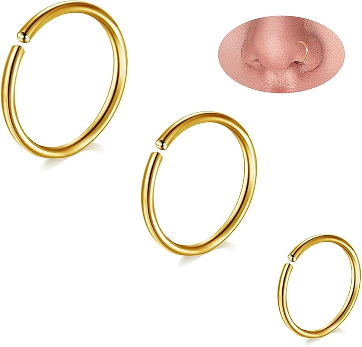 G23 Titanium neuspiercing, neusring, hoepelset, kraakbeenringen, dunne kleine septum-helixringen, hypoallergeen, 6 mm, 8 mm, 10 mm, zwart, goud, zilver, 3 stuks kraakbeenoorbellen