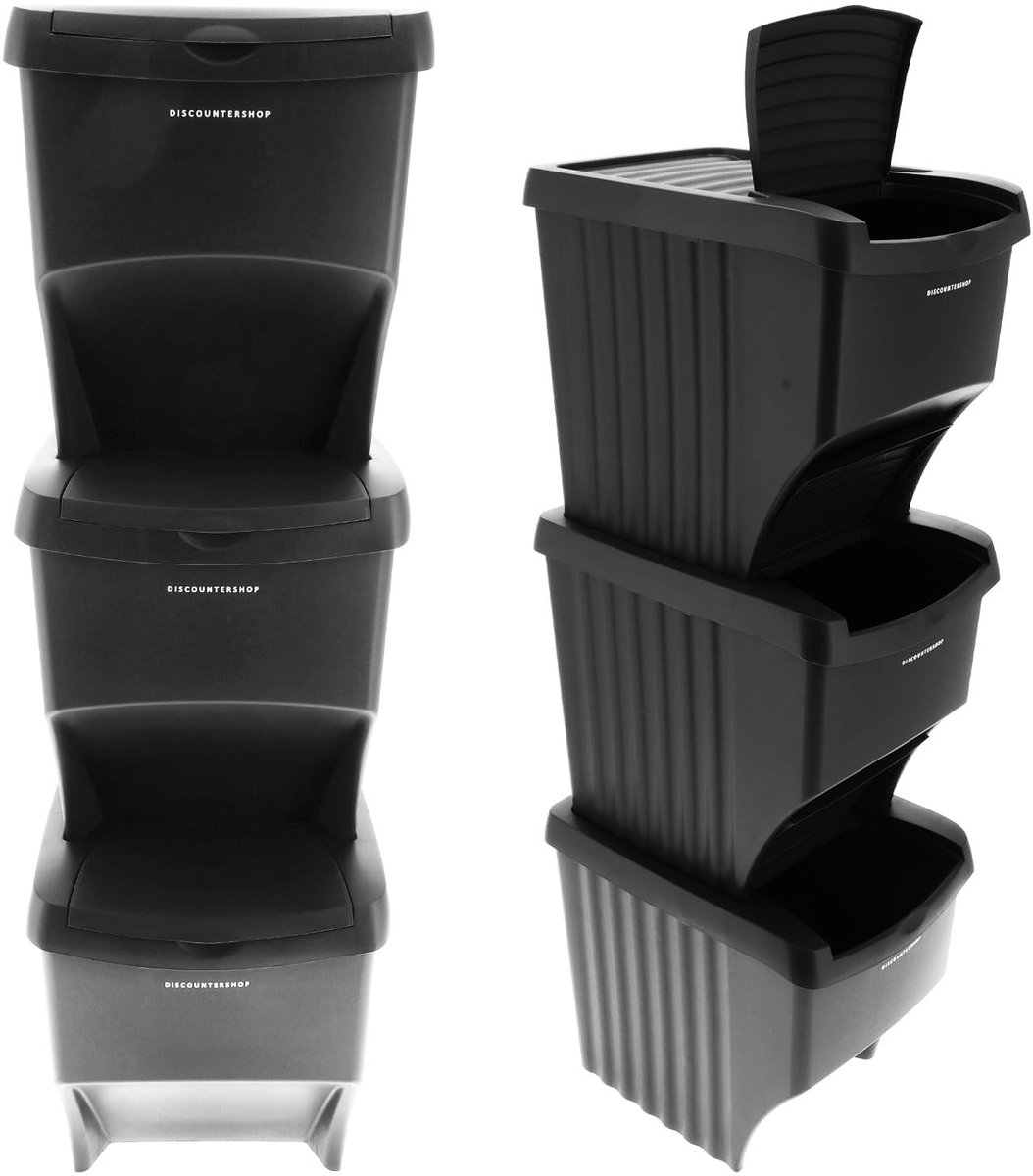 Afvalbakken set van 3 x 22L - Stapelbare afvalscheidingssystemen - Ideaal voor recycling - Ruimtebesparend - SnelShoppen