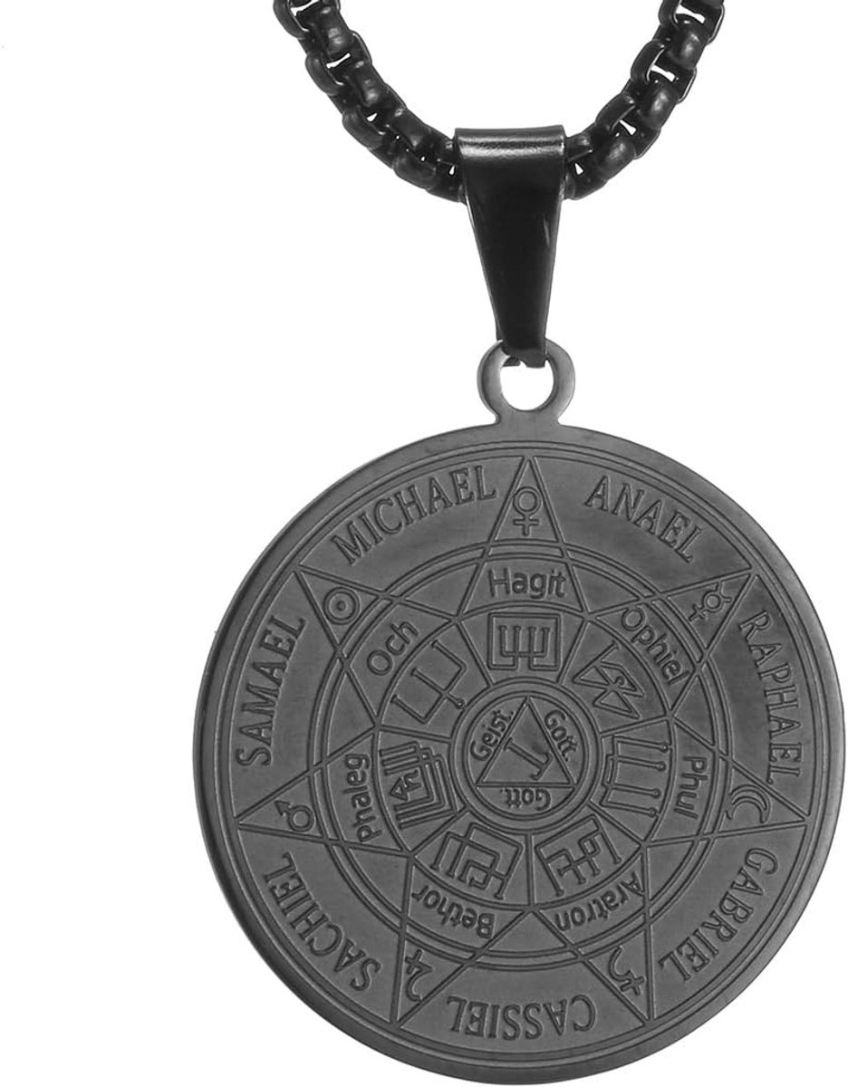 Halsketting met medaille zegel van de 7 aartsengelen voor heren en dames, talisman, pentagram van Salomon, magische bescherming, amulet, 30 mm, roestvrij staal, geen steen