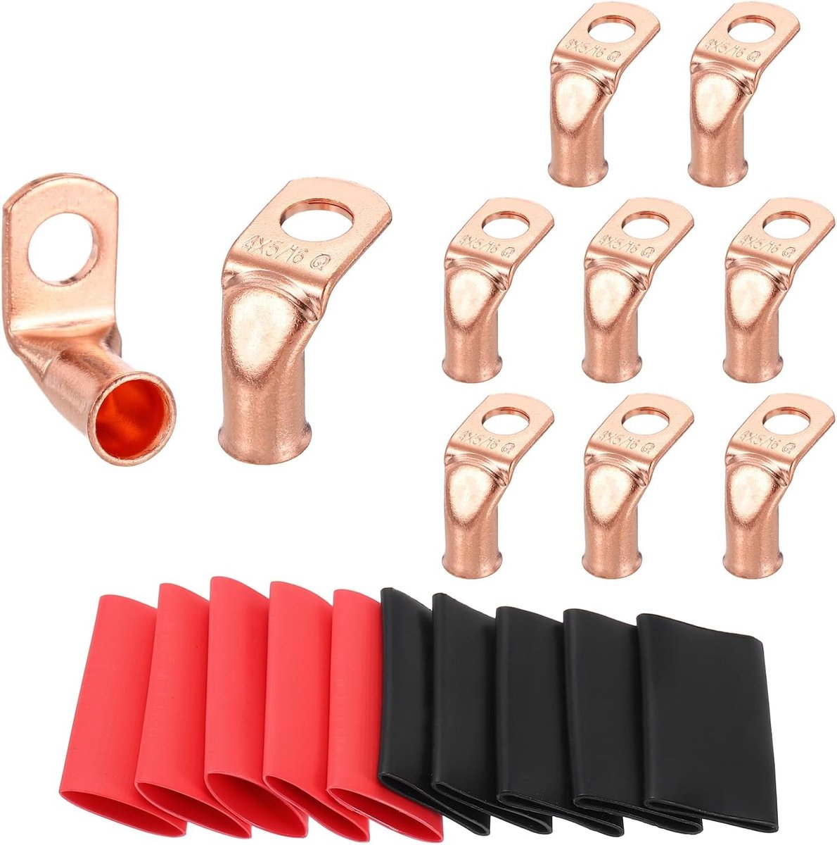 10 stuks 4 AWG 90° batterijklemmen van koper gebogen ringklemmen voor accukabel 4 gauge 5/16 inch met 10 stuks 3:1 krimpkous zwart en rood