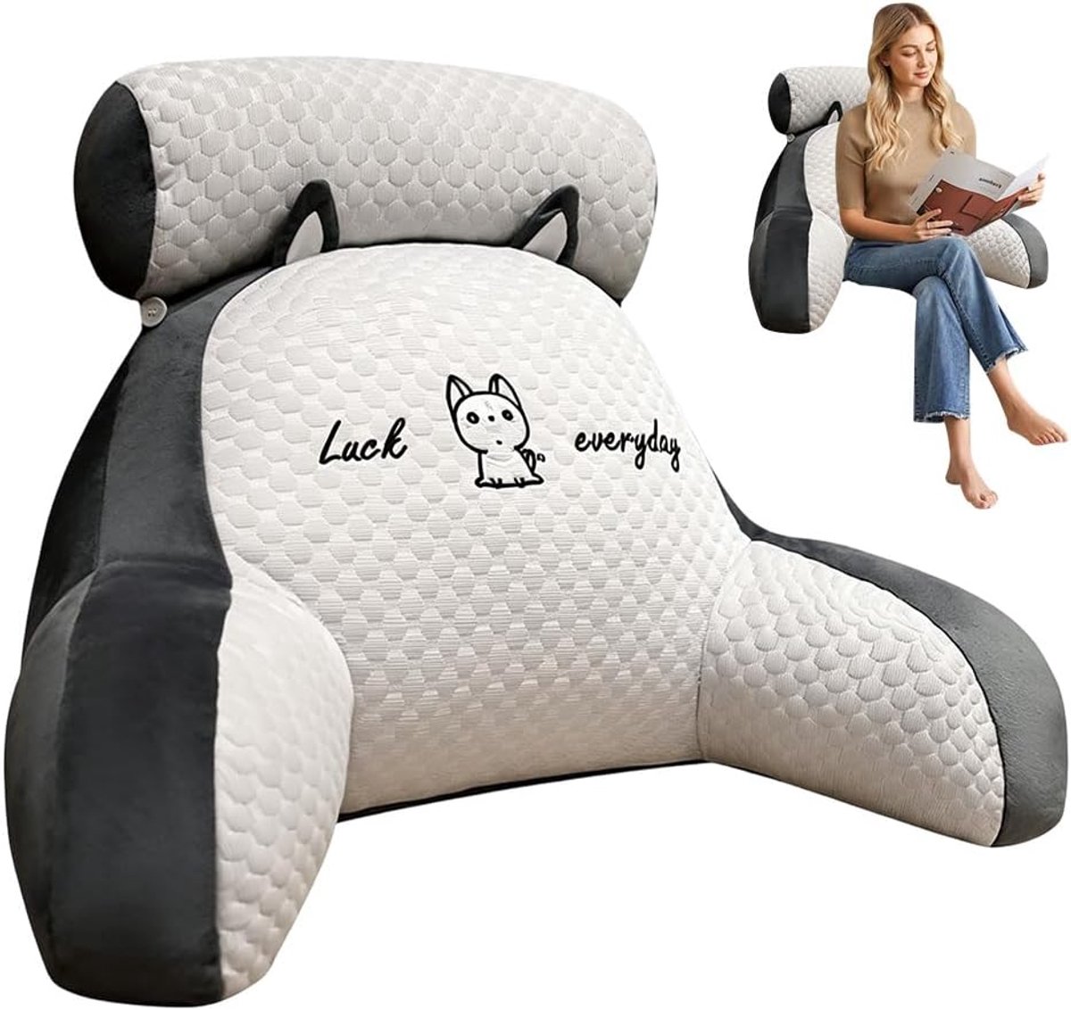 Leeskussen voor bed en bank, rugkussen voor bed, leeskussen van traagschuim, met afneembare nekrol en armleuningen, leesstoelkussen om te lezen, tv te kijken, te luieren