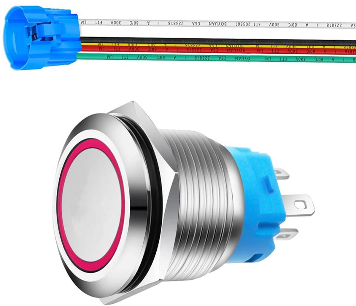 0,87 Inch/22mm RVS Momentaire Drukknop 230V AC 3A LED 1NO1NC SPDT AAN Uit Waterdicht met Draad Socket Plug (Rode LED)