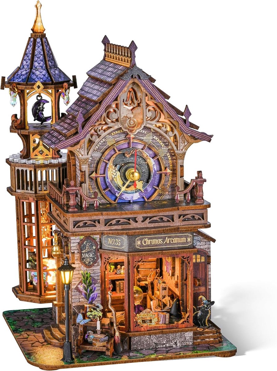 LED 3D houten puzzel Tijdmagie Club – dynamisch mechanisch model met muziek,DIY fantasie klokkentoren miniatuur bouwkit, decoratief display voor volwassenen en tieners（14+）